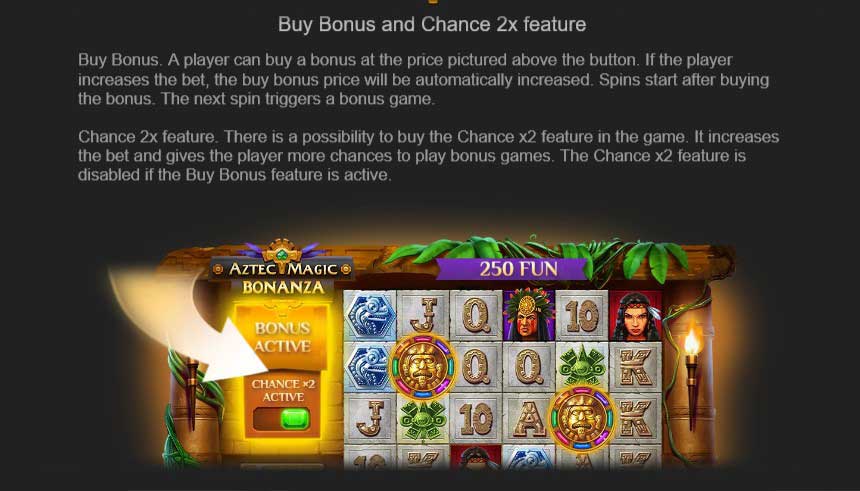 Aztec Magic Bonanza slot game buy bonus and chance 2x feature